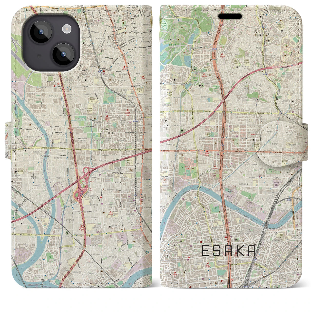 【江坂】地図柄iPhoneケース（手帳両面タイプ・ナチュラル）iPhone 14 Plus 用
