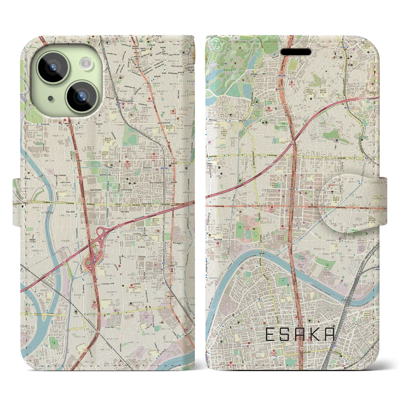 【江坂】地図柄iPhoneケース（手帳両面タイプ・ナチュラル）iPhone 15 用