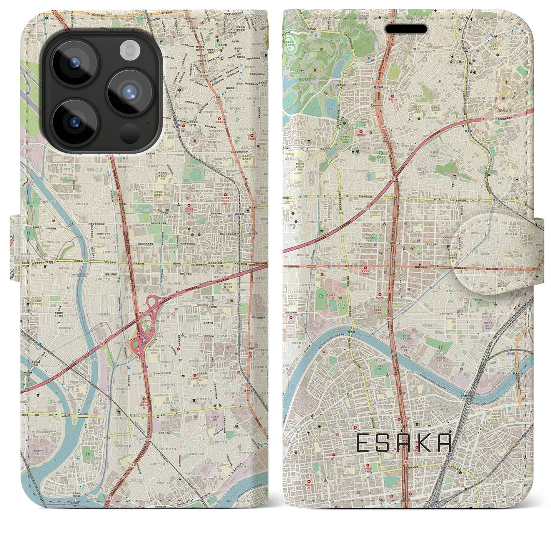 【江坂】地図柄iPhoneケース（手帳両面タイプ・ナチュラル）iPhone 15 Pro Max 用