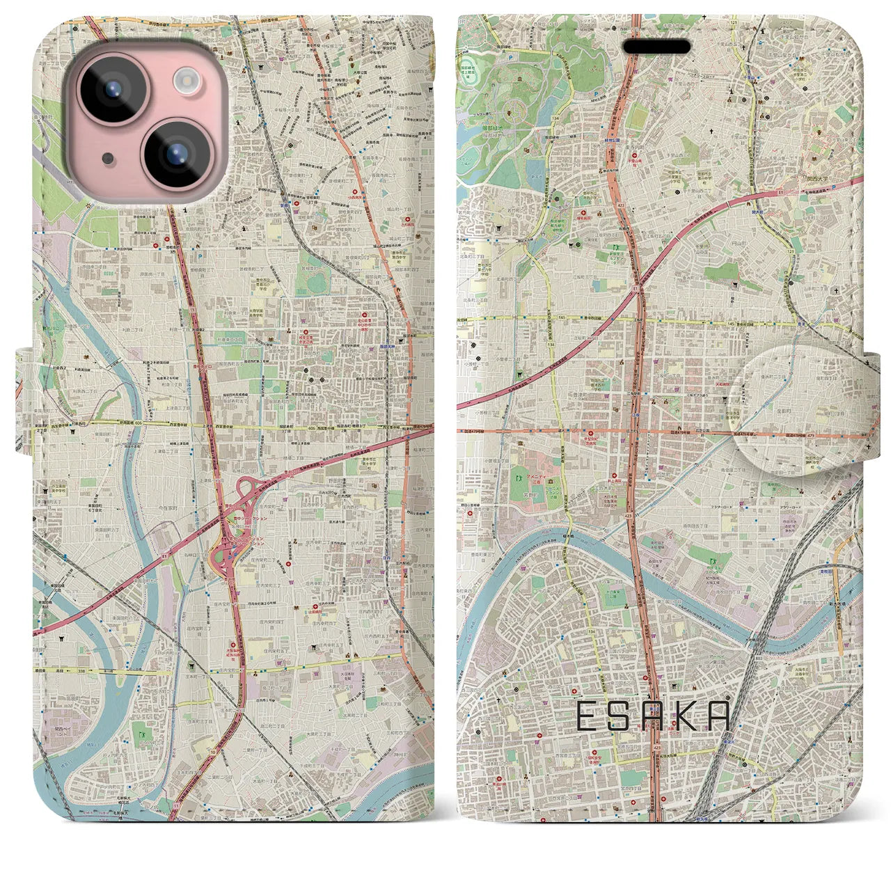 【江坂】地図柄iPhoneケース（手帳両面タイプ・ナチュラル）iPhone 15 Plus 用