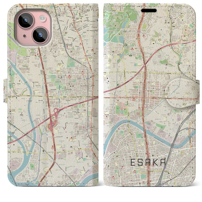 【江坂（大阪府）】地図柄iPhoneケース（手帳タイプ）ナチュラル・iPhone 15 Plus 用