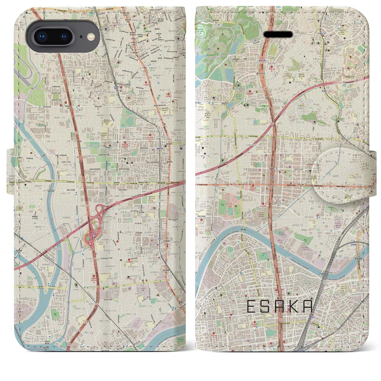 【江坂】地図柄iPhoneケース（手帳両面タイプ・ナチュラル）iPhone 8Plus /7Plus / 6sPlus / 6Plus 用