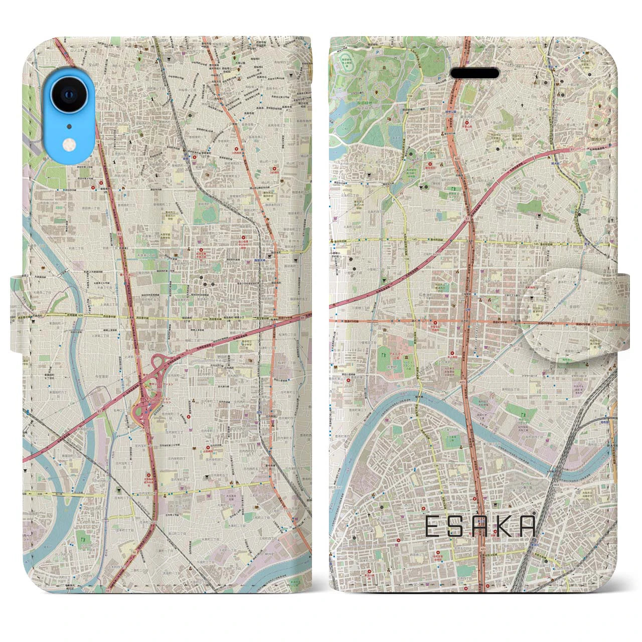 【江坂】地図柄iPhoneケース（手帳両面タイプ・ナチュラル）iPhone XR 用