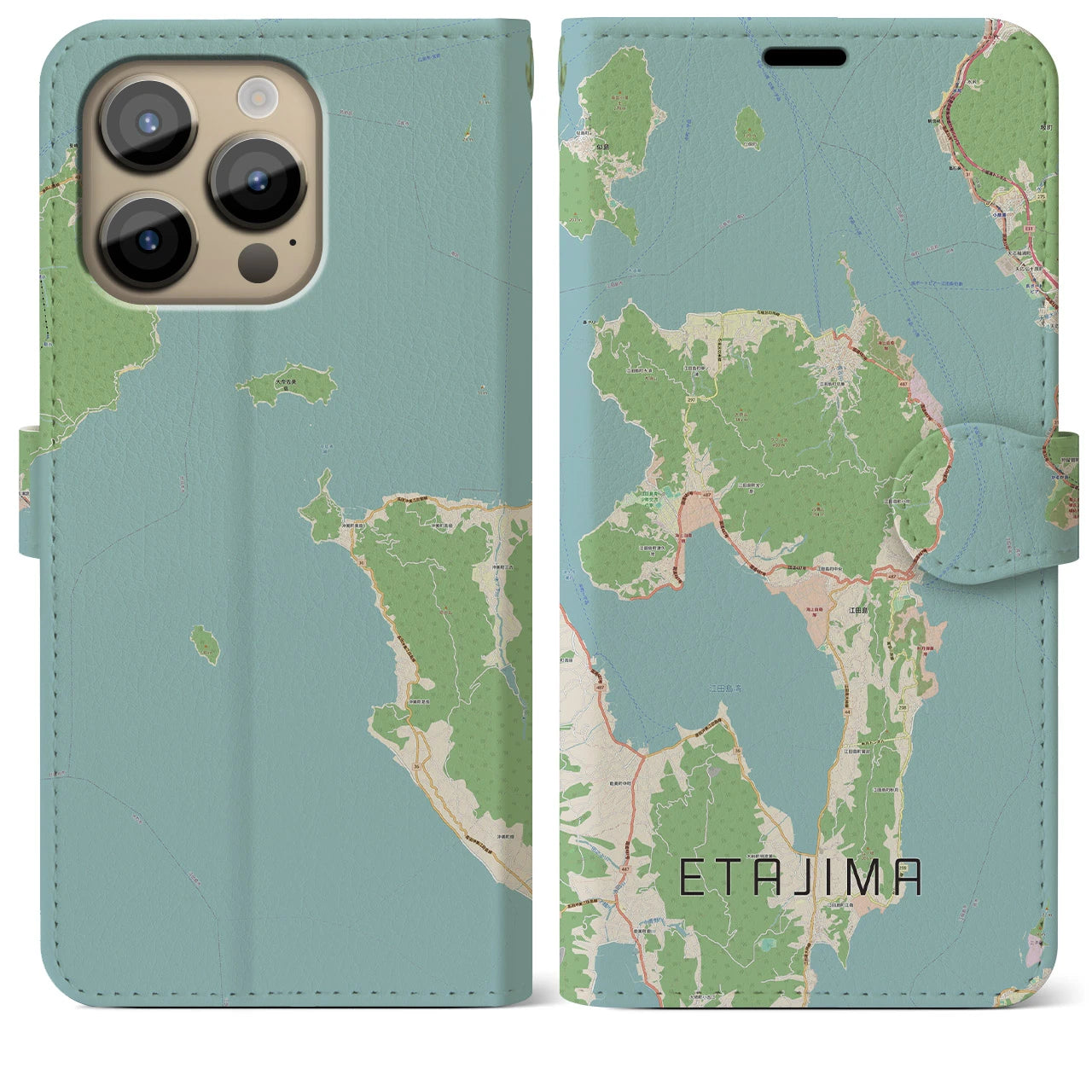 【江田島】地図柄iPhoneケース（手帳両面タイプ・ナチュラル）iPhone 14 Pro Max 用