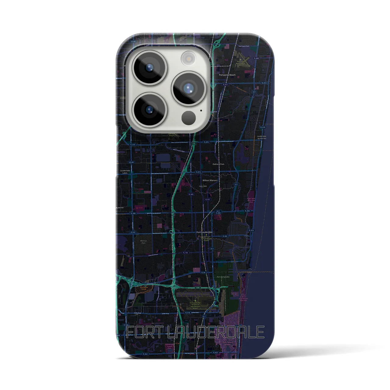 【フォートローダーデール】地図柄iPhoneケース（バックカバータイプ・ブラック）iPhone 15 Pro 用