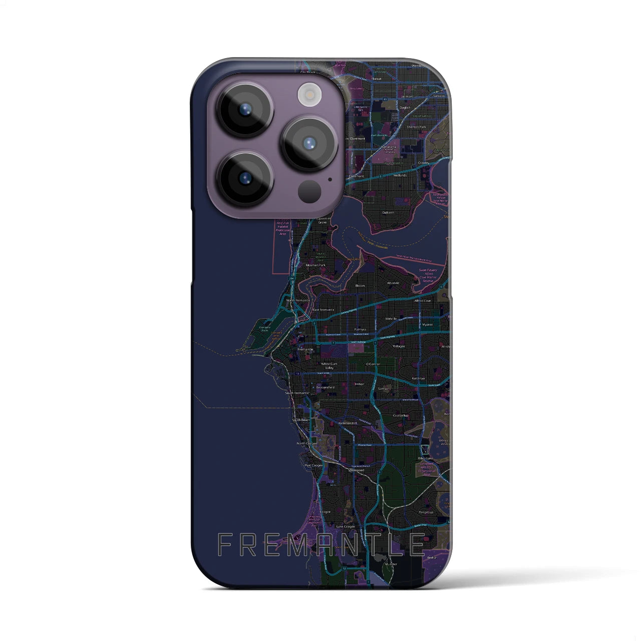 【フリーマントル】地図柄iPhoneケース（バックカバータイプ・ブラック）iPhone 14 Pro 用