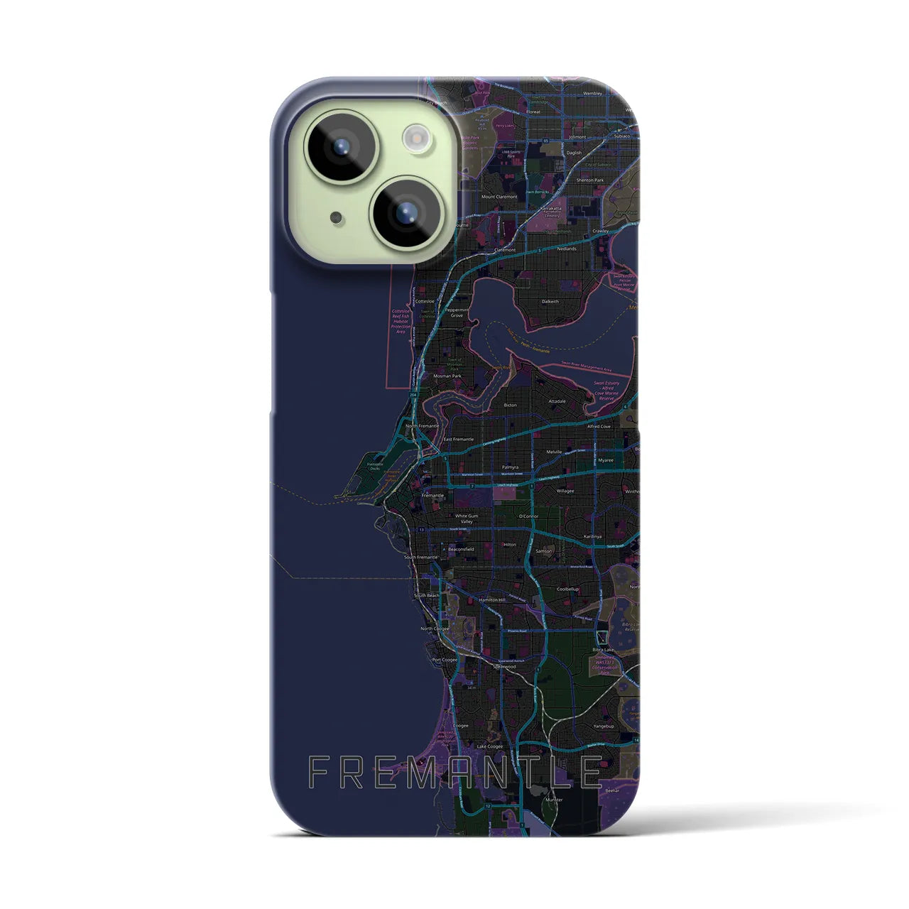 【フリーマントル】地図柄iPhoneケース（バックカバータイプ・ブラック）iPhone 15 用
