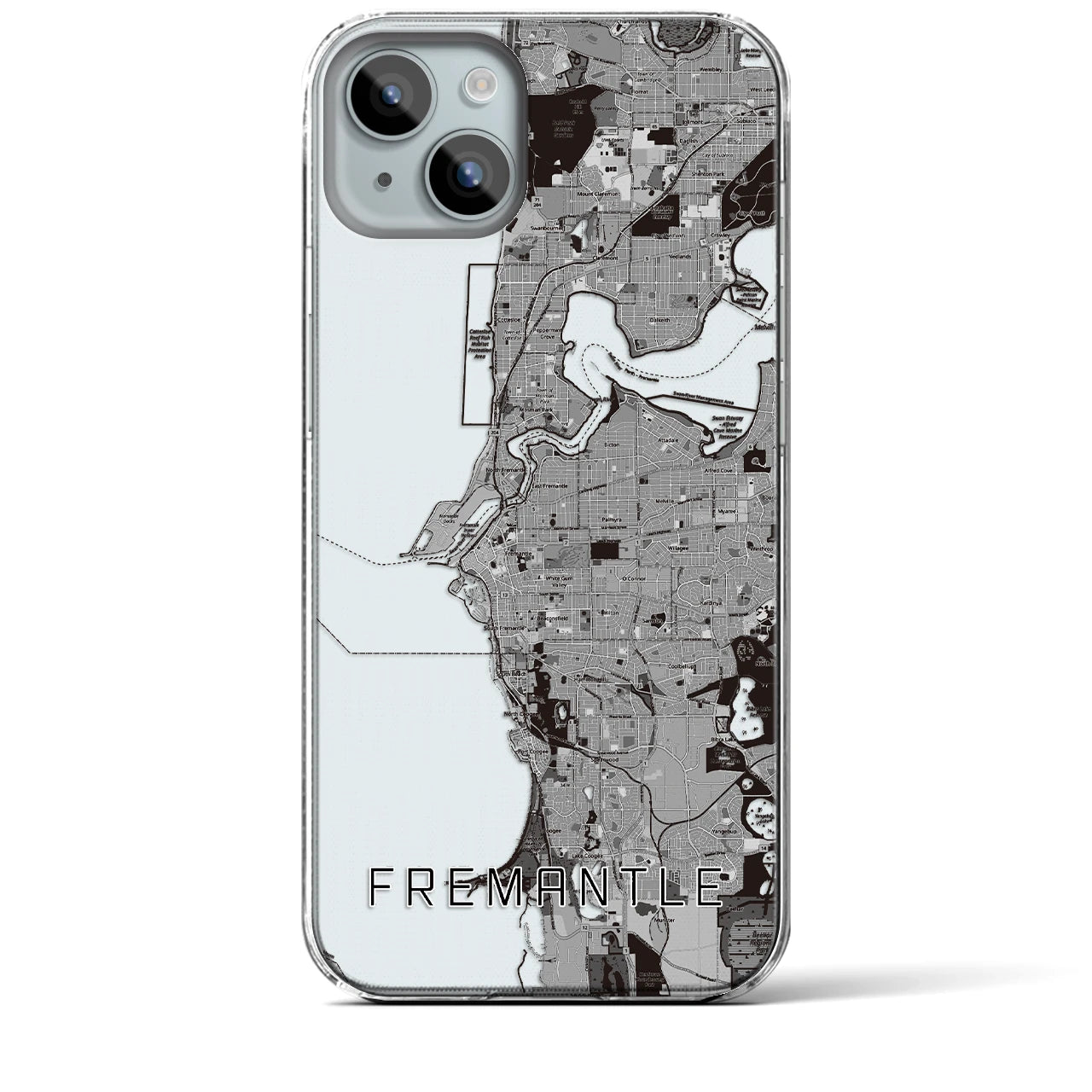 【フリーマントル】地図柄iPhoneケース（クリアタイプ・モノトーン）iPhone 15 Plus 用
