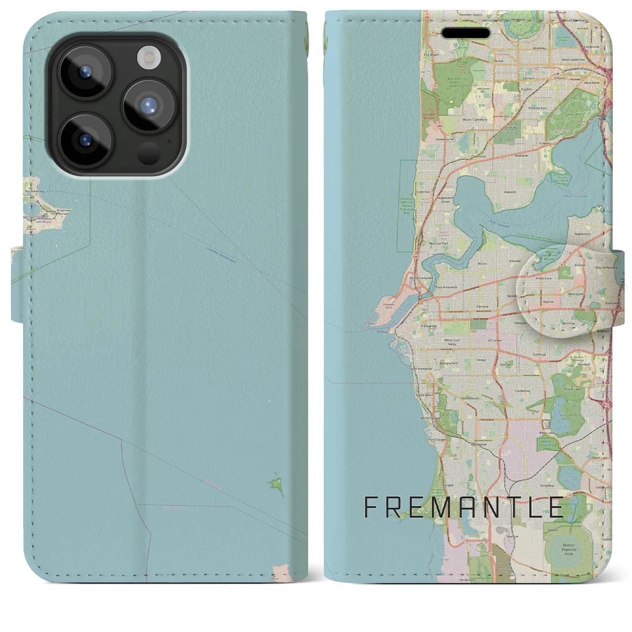 【フリーマントル】地図柄iPhoneケース（手帳両面タイプ・ナチュラル）iPhone 15 Pro Max 用