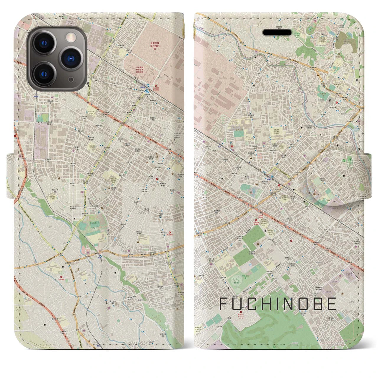 【淵野辺】地図柄iPhoneケース（手帳両面タイプ・ナチュラル）iPhone 11 Pro Max 用