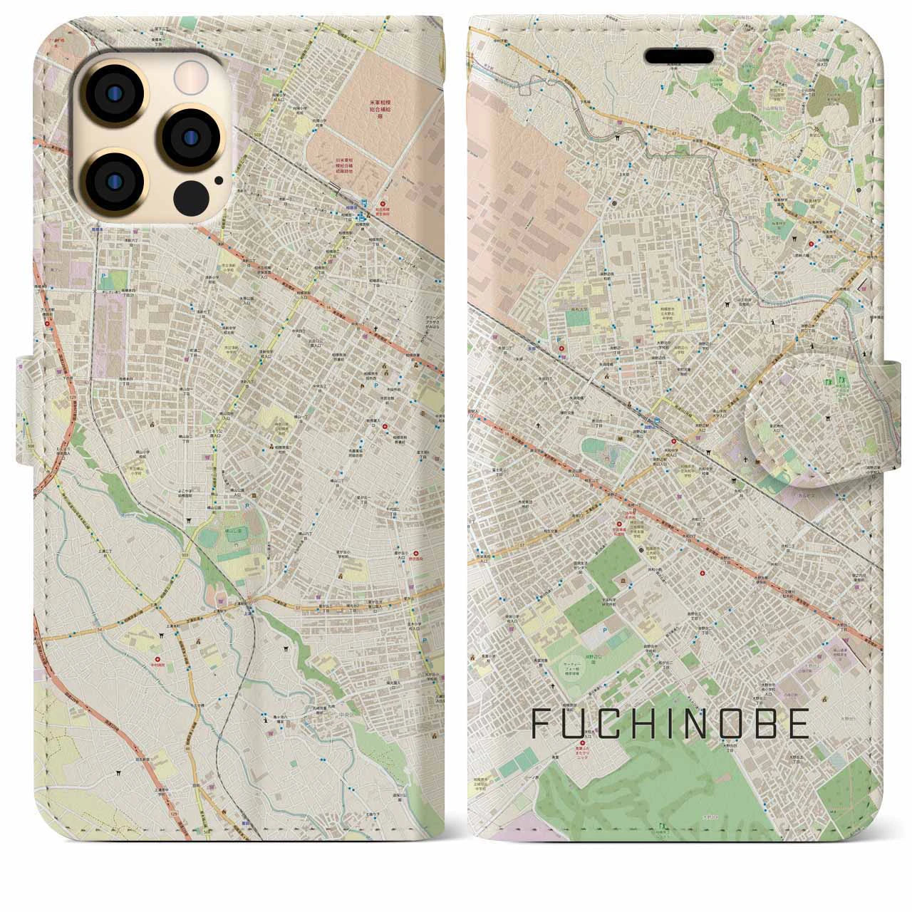 【淵野辺】地図柄iPhoneケース（手帳両面タイプ・ナチュラル）iPhone 12 Pro Max 用
