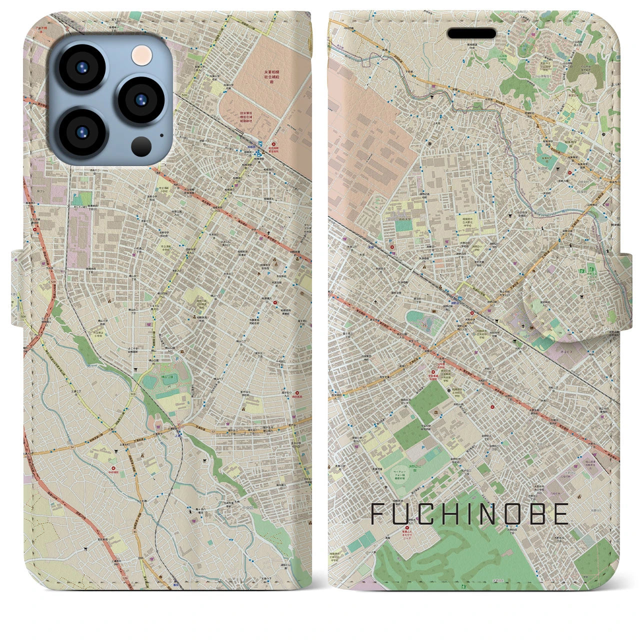【淵野辺】地図柄iPhoneケース（手帳両面タイプ・ナチュラル）iPhone 13 Pro Max 用