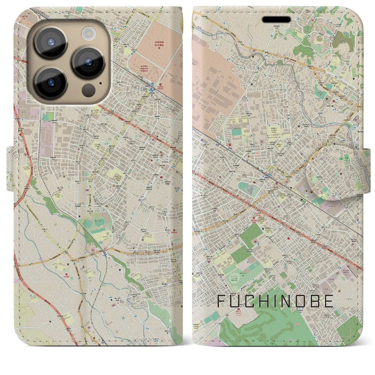 【淵野辺】地図柄iPhoneケース（手帳両面タイプ・ナチュラル）iPhone 14 Pro Max 用