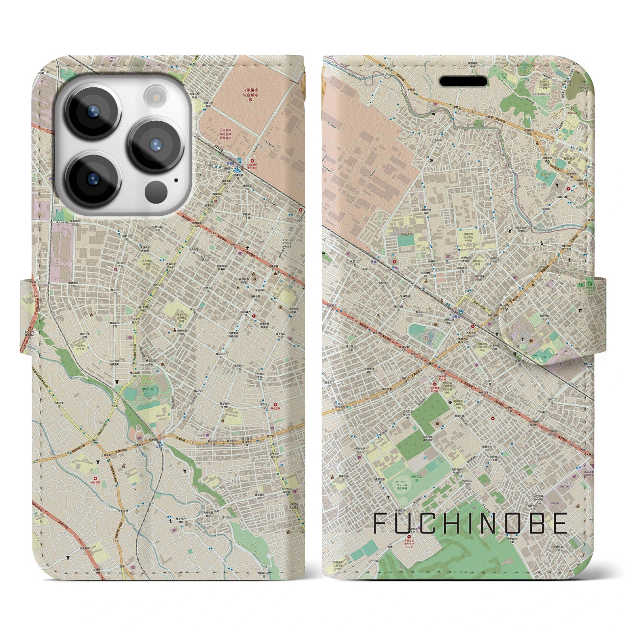 【淵野辺】地図柄iPhoneケース（手帳両面タイプ・ナチュラル）iPhone 14 Pro 用