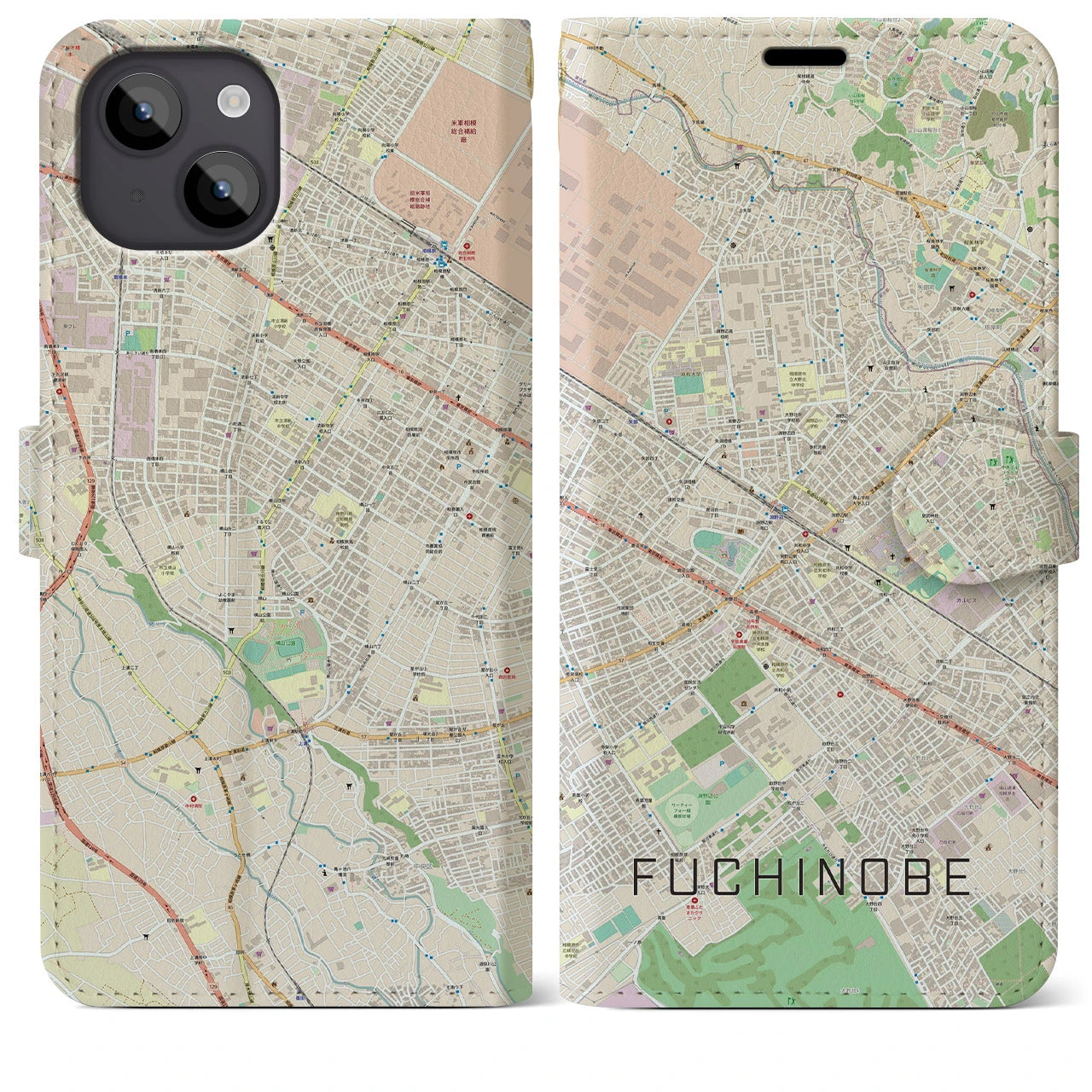【淵野辺】地図柄iPhoneケース（手帳両面タイプ・ナチュラル）iPhone 14 Plus 用
