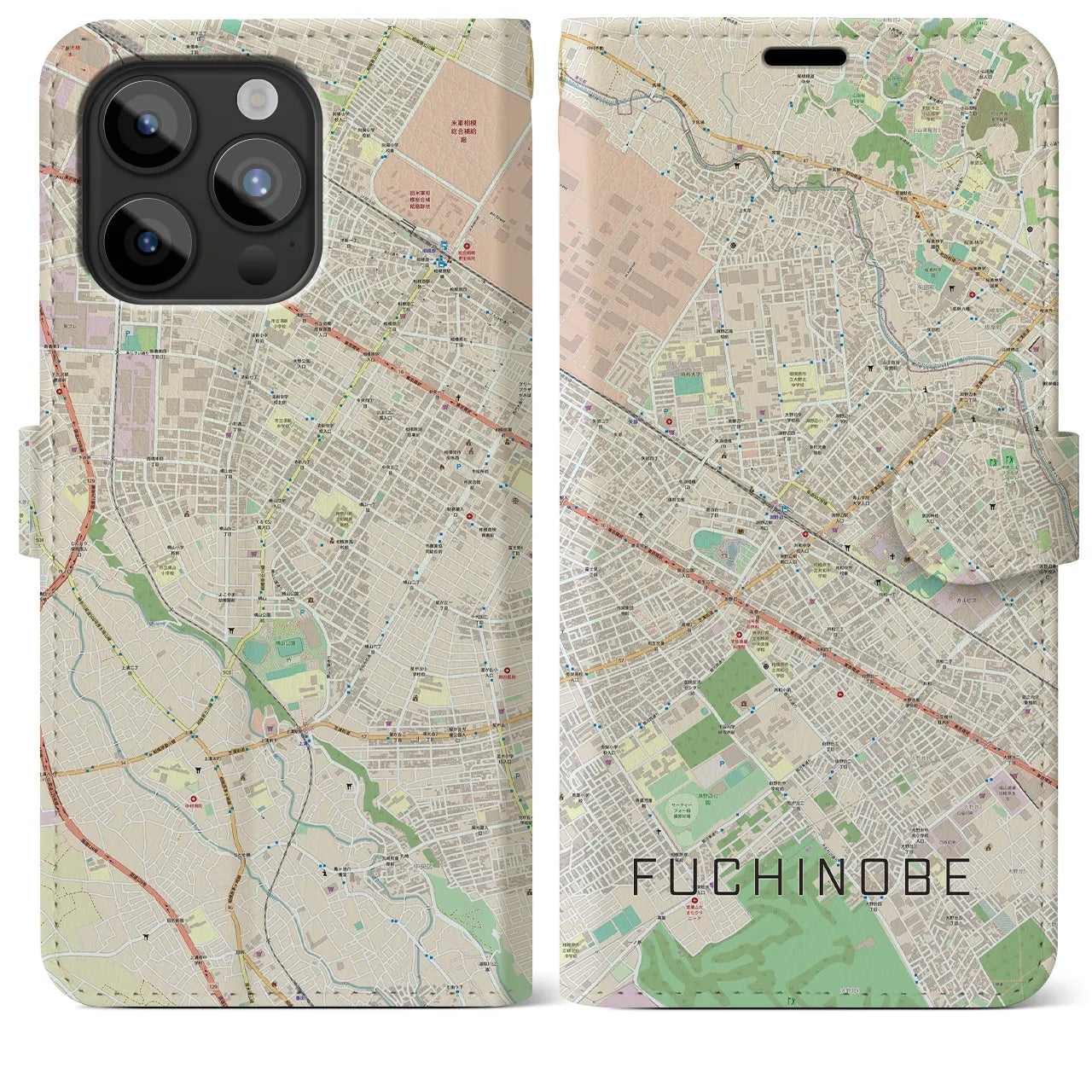 【淵野辺】地図柄iPhoneケース（手帳両面タイプ・ナチュラル）iPhone 15 Pro Max 用