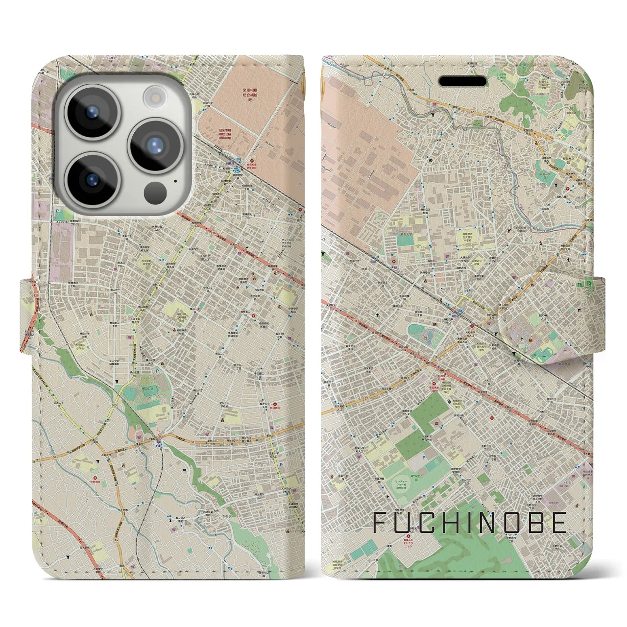 【淵野辺】地図柄iPhoneケース（手帳両面タイプ・ナチュラル）iPhone 15 Pro 用