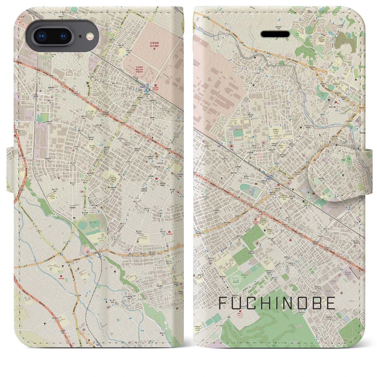 【淵野辺】地図柄iPhoneケース（手帳両面タイプ・ナチュラル）iPhone 8Plus /7Plus / 6sPlus / 6Plus 用