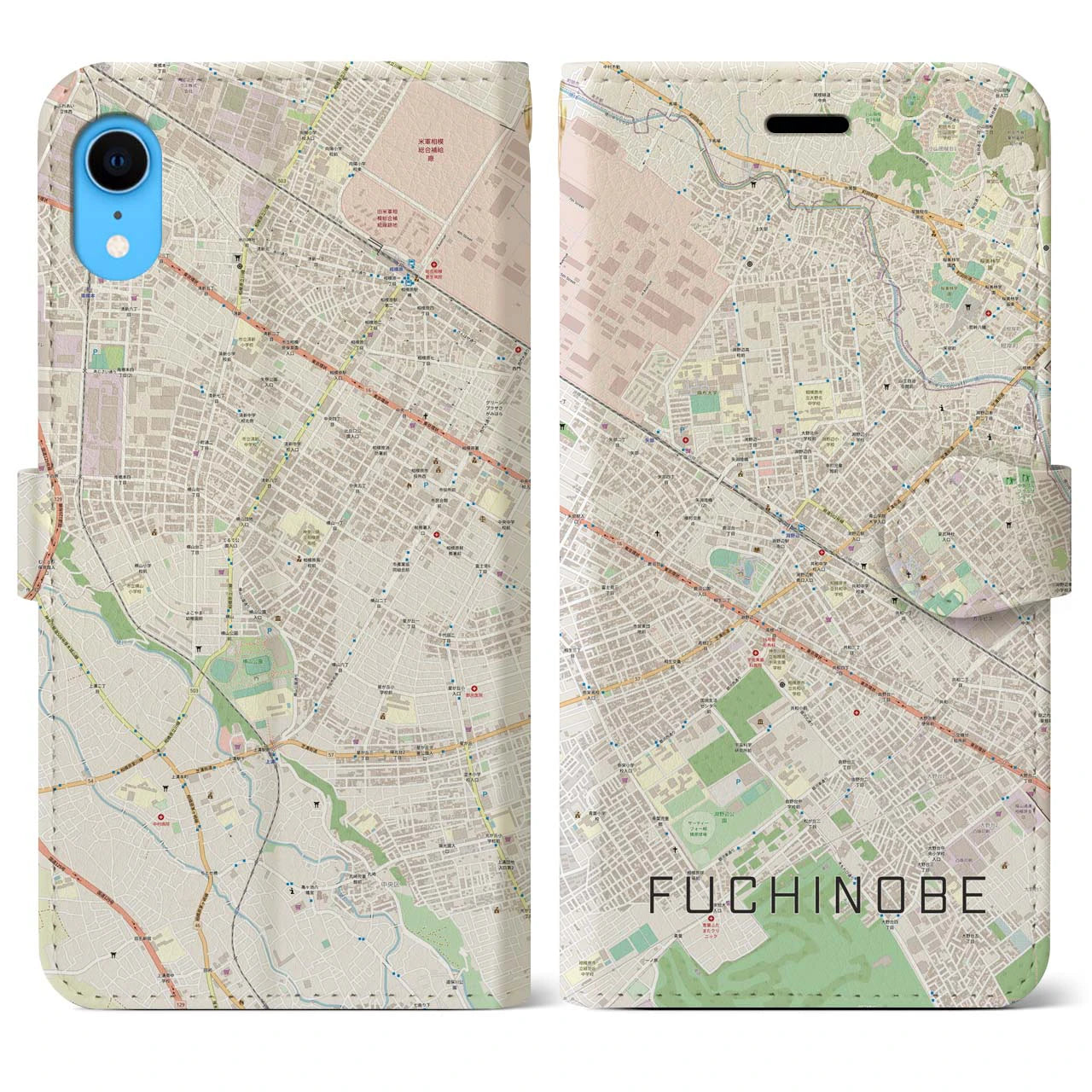 【淵野辺】地図柄iPhoneケース（手帳両面タイプ・ナチュラル）iPhone XR 用
