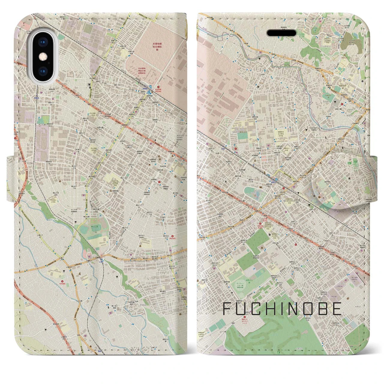 【淵野辺】地図柄iPhoneケース（手帳両面タイプ・ナチュラル）iPhone XS Max 用