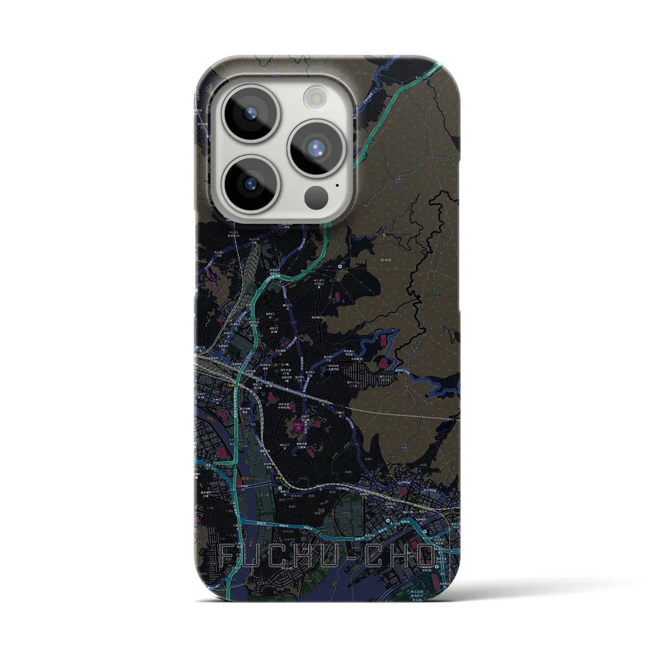 【府中町】地図柄iPhoneケース（バックカバータイプ・ブラック）iPhone 15 Pro 用