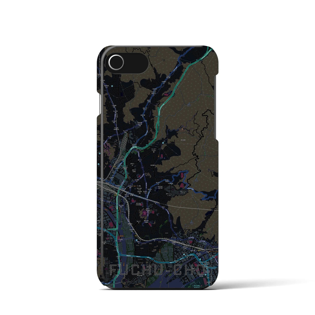 【府中町】地図柄iPhoneケース（バックカバータイプ・ブラック）iPhone SE（第3 / 第2世代） / 8 / 7 / 6s / 6 用