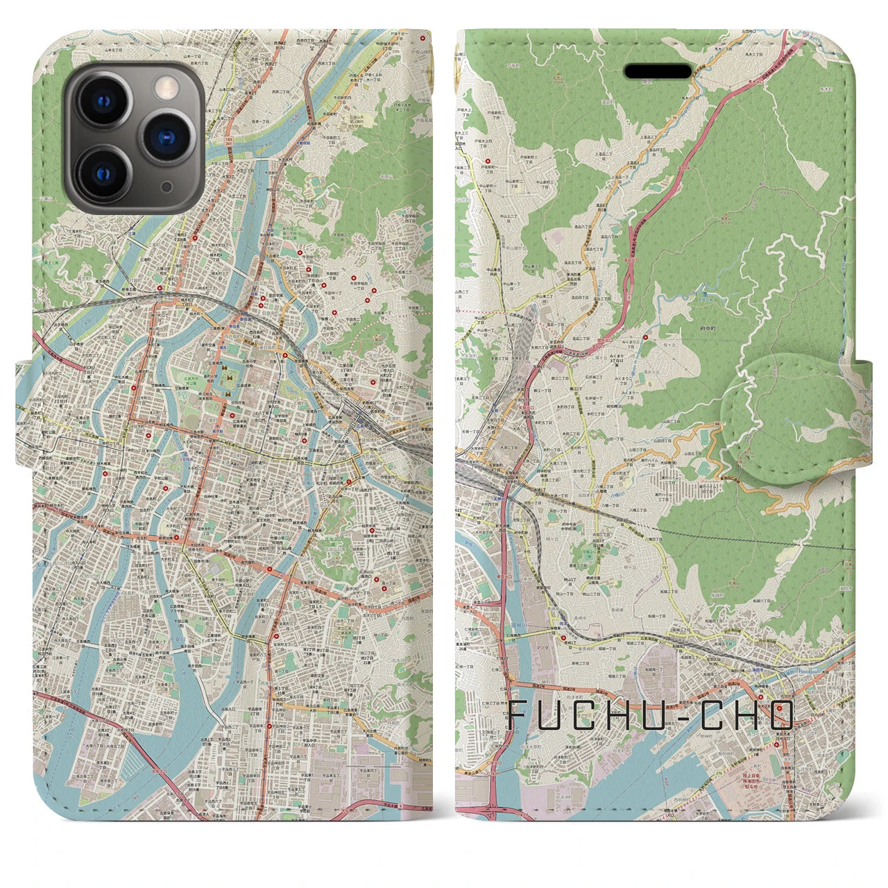 【府中町】地図柄iPhoneケース（手帳両面タイプ・ナチュラル）iPhone 11 Pro Max 用