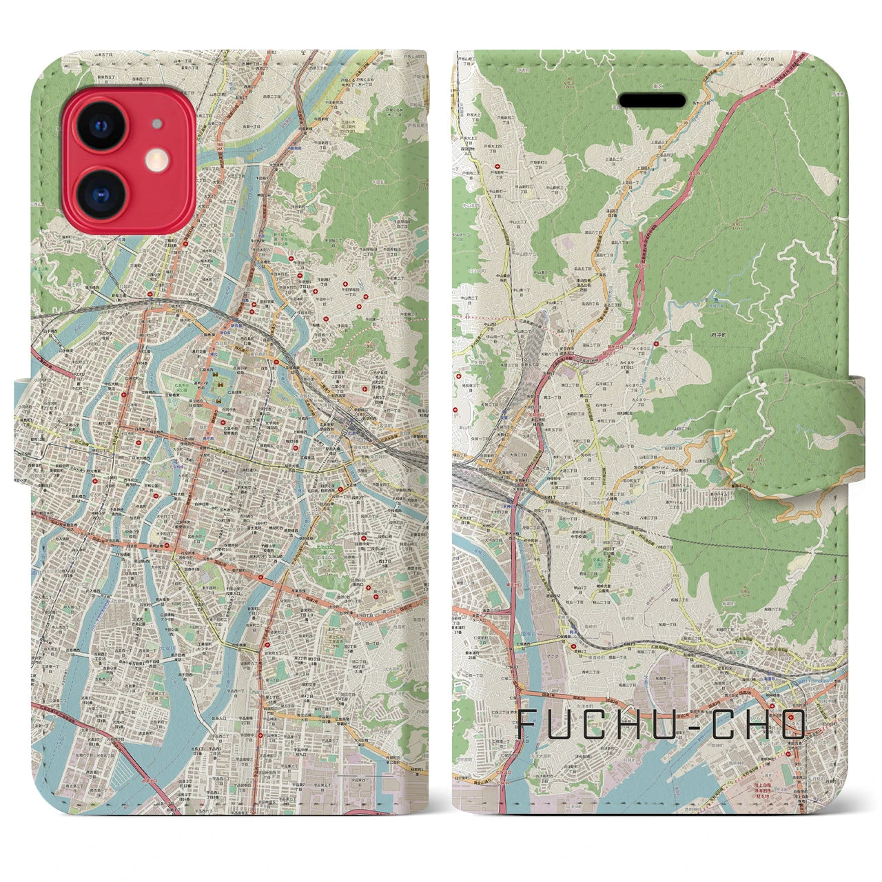 【府中町】地図柄iPhoneケース（手帳両面タイプ・ナチュラル）iPhone 11 用