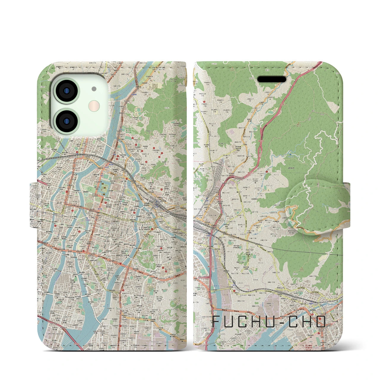 【府中町】地図柄iPhoneケース（手帳両面タイプ・ナチュラル）iPhone 12 mini 用