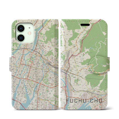 【府中町（広島県）】地図柄iPhoneケース（手帳タイプ）ナチュラル・iPhone 12 mini 用