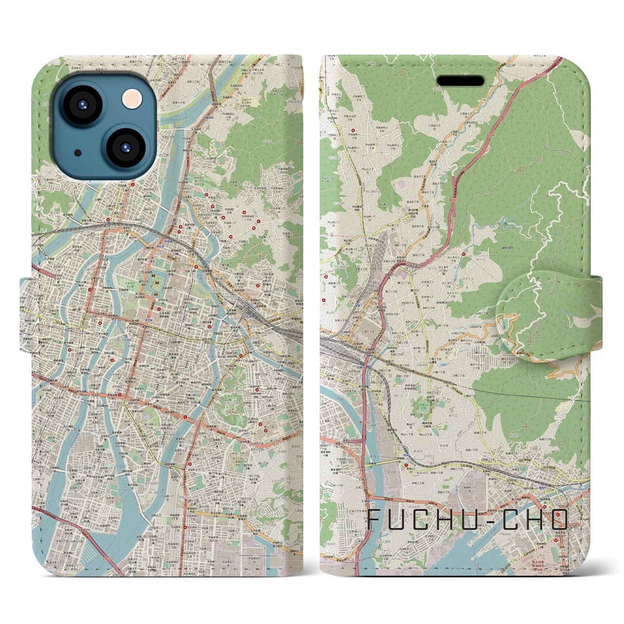 【府中町】地図柄iPhoneケース（手帳両面タイプ・ナチュラル）iPhone 13 用