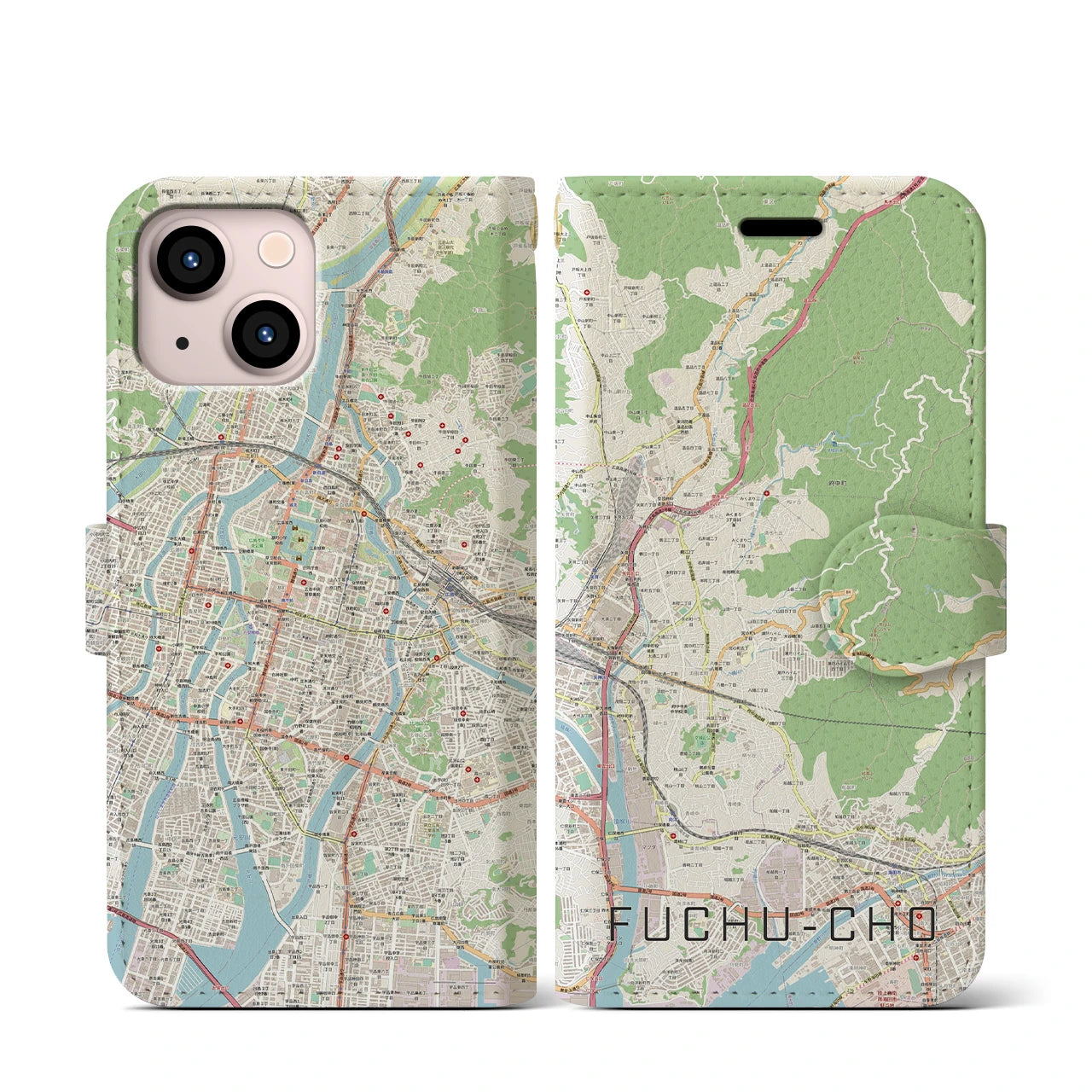 【府中町】地図柄iPhoneケース（手帳両面タイプ・ナチュラル）iPhone 13 mini 用
