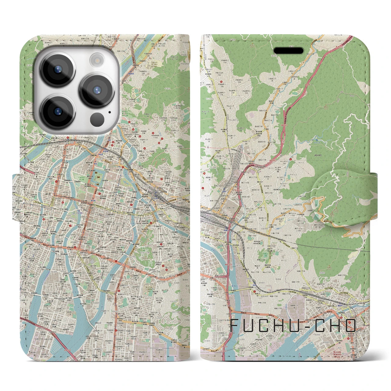 【府中町】地図柄iPhoneケース（手帳両面タイプ・ナチュラル）iPhone 14 Pro 用