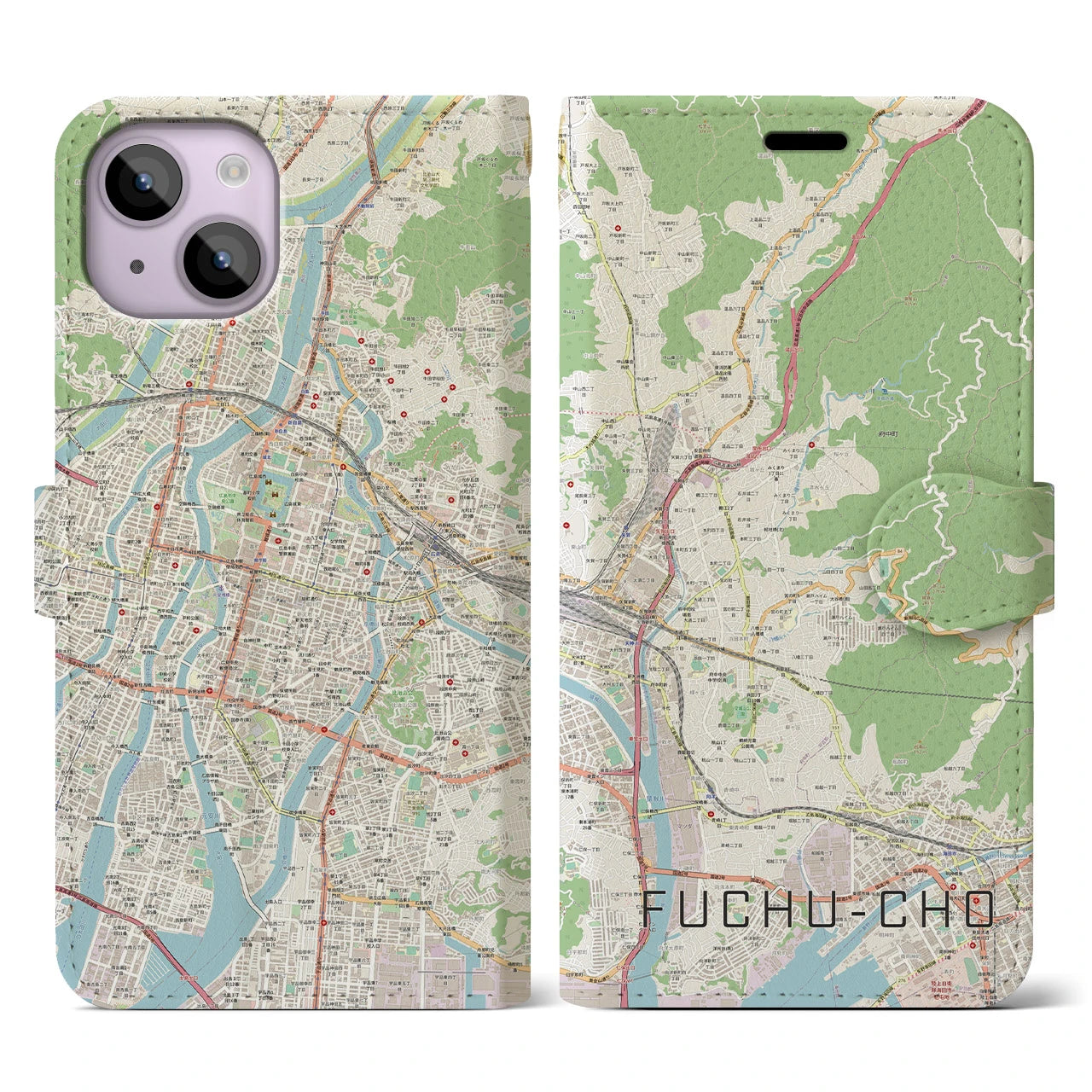 【府中町】地図柄iPhoneケース（手帳両面タイプ・ナチュラル）iPhone 14 用