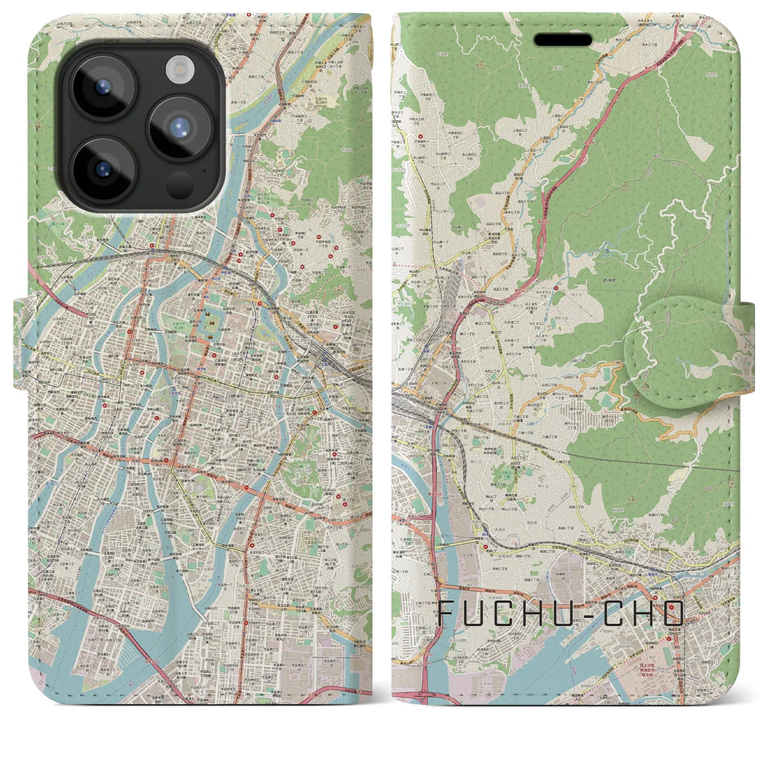 【府中町】地図柄iPhoneケース（手帳両面タイプ・ナチュラル）iPhone 15 Pro Max 用