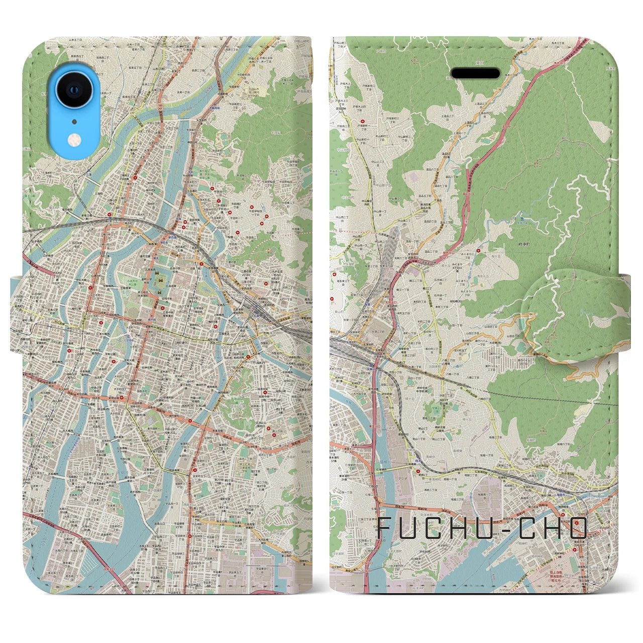 【府中町】地図柄iPhoneケース（手帳両面タイプ・ナチュラル）iPhone XR 用