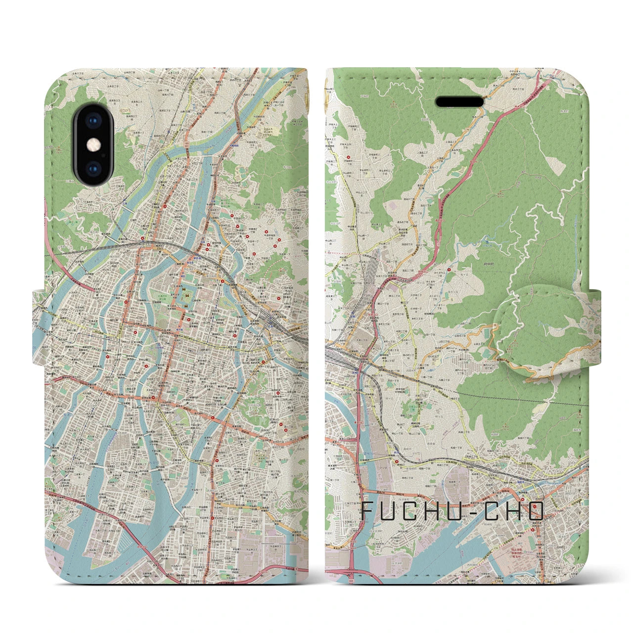 【府中町】地図柄iPhoneケース（手帳両面タイプ・ナチュラル）iPhone XS / X 用