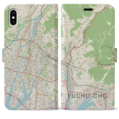 【府中町（広島県）】地図柄iPhoneケース（手帳タイプ）ナチュラル・iPhone XS Max 用