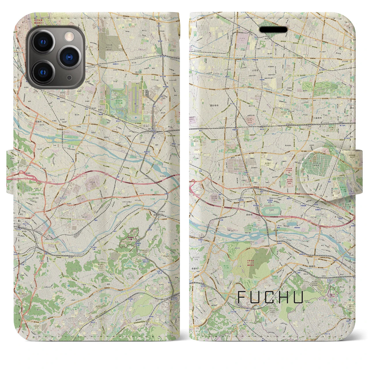 【府中2】地図柄iPhoneケース（手帳両面タイプ・ナチュラル）iPhone 11 Pro Max 用