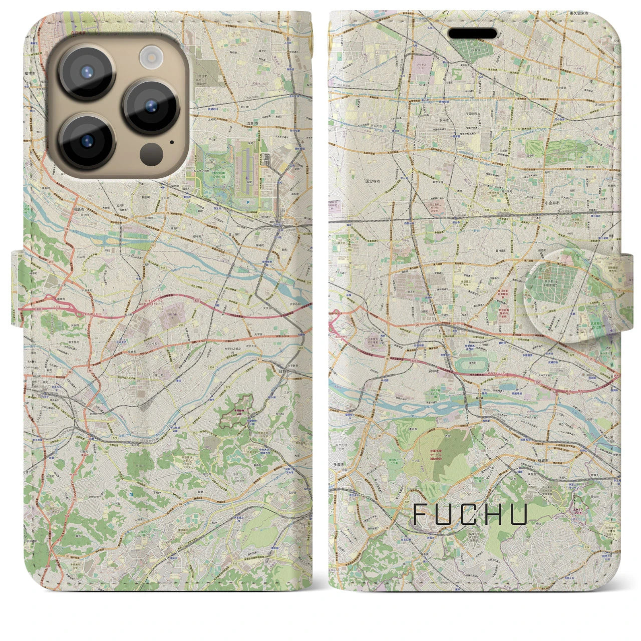 【府中2】地図柄iPhoneケース（手帳両面タイプ・ナチュラル）iPhone 14 Pro Max 用