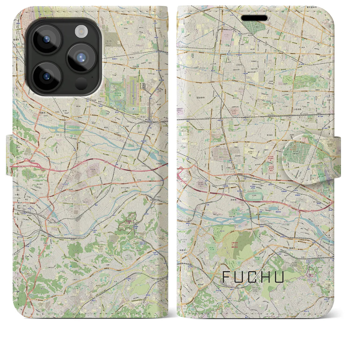 【府中2】地図柄iPhoneケース（手帳両面タイプ・ナチュラル）iPhone 15 Pro Max 用