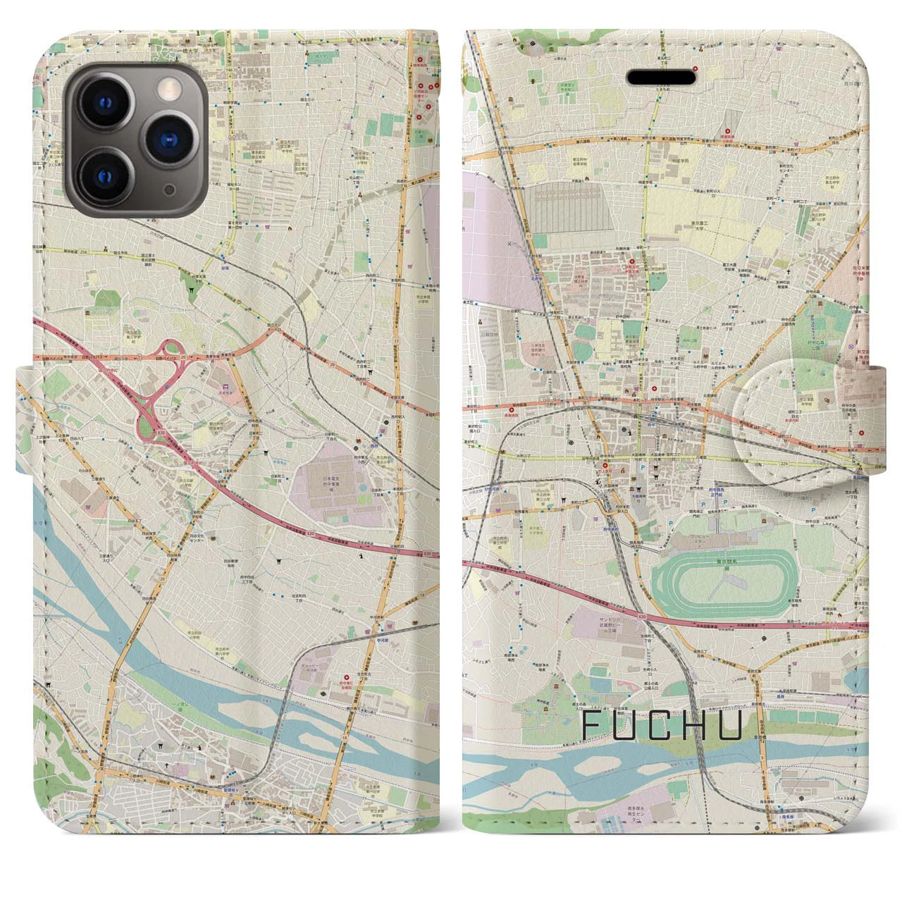 【府中】地図柄iPhoneケース（手帳両面タイプ・ナチュラル）iPhone 11 Pro Max 用