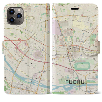 【府中（東京都）】地図柄iPhoneケース（手帳タイプ）ナチュラル・iPhone 11 Pro Max 用
