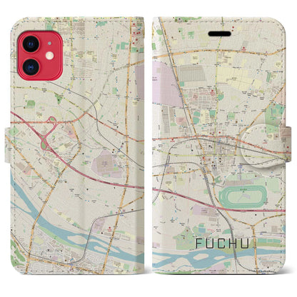 【府中（東京都）】地図柄iPhoneケース（手帳タイプ）ナチュラル・iPhone 11 用