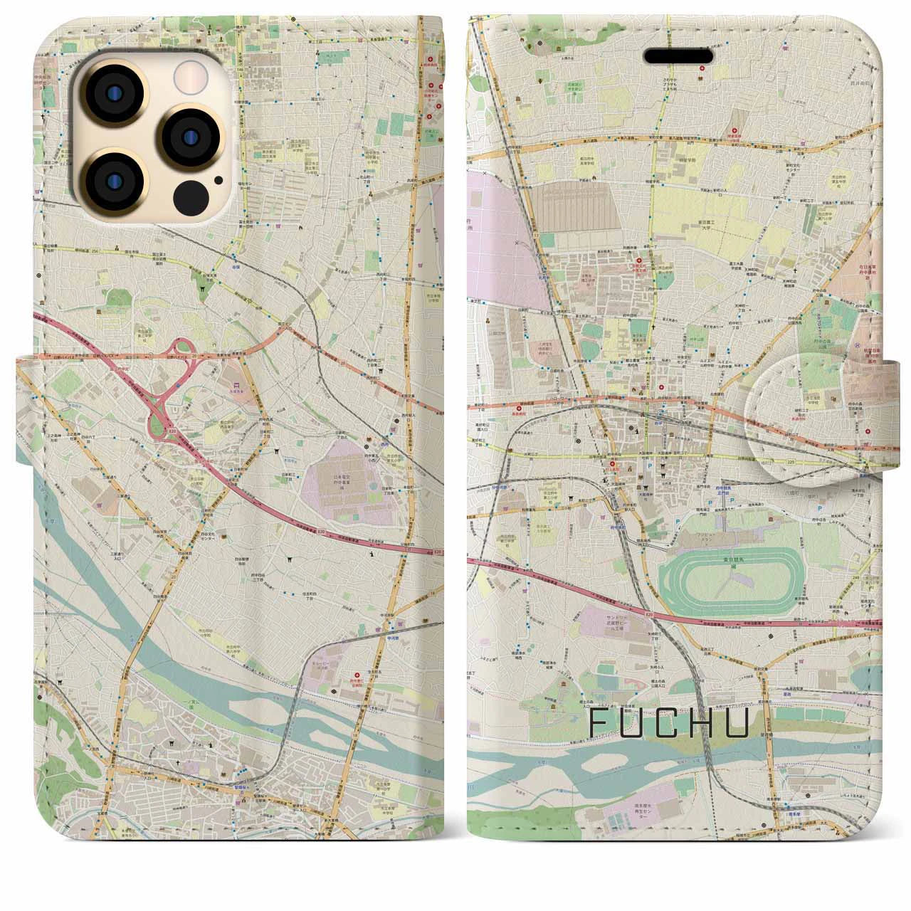 【府中】地図柄iPhoneケース（手帳両面タイプ・ナチュラル）iPhone 12 Pro Max 用