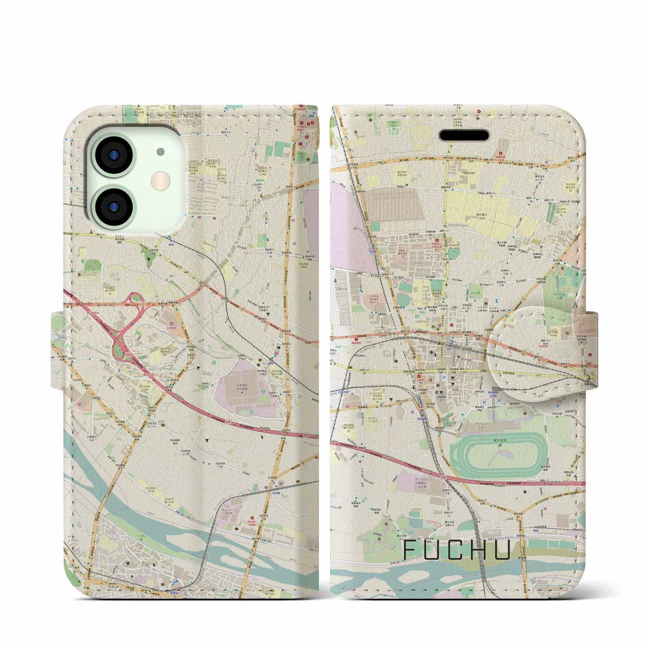 【府中】地図柄iPhoneケース（手帳両面タイプ・ナチュラル）iPhone 12 mini 用