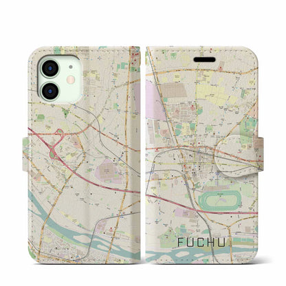 【府中（東京都）】地図柄iPhoneケース（手帳タイプ）ナチュラル・iPhone 12 mini 用
