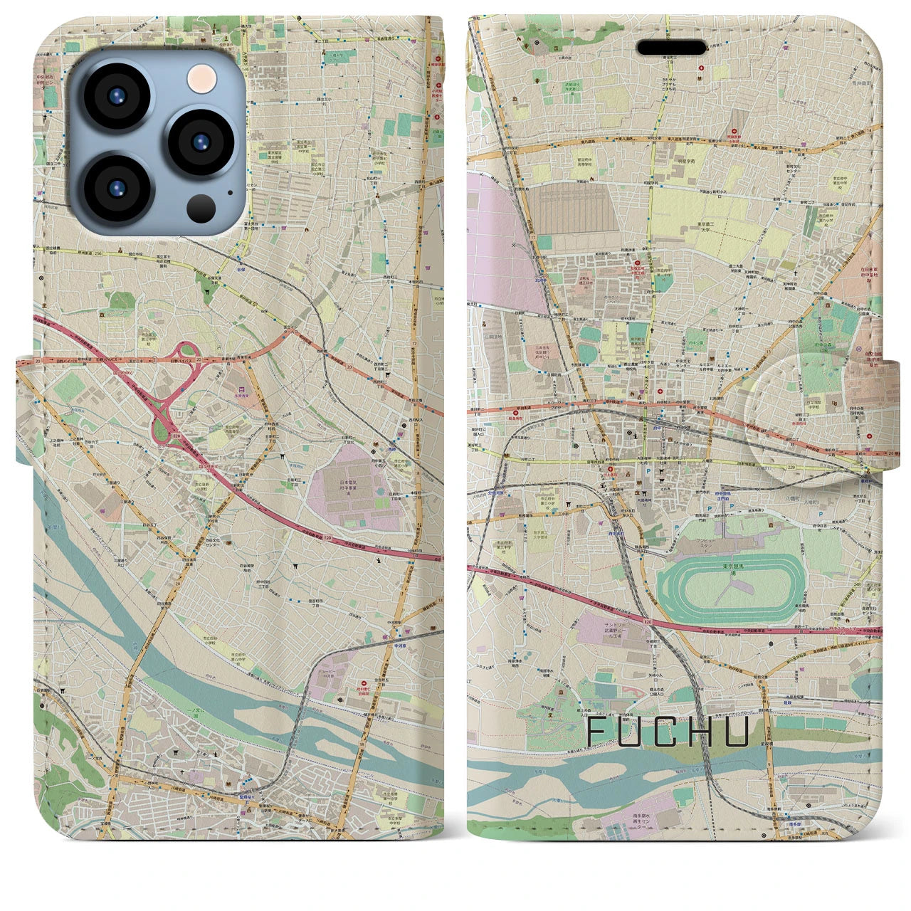 【府中】地図柄iPhoneケース（手帳両面タイプ・ナチュラル）iPhone 13 Pro Max 用