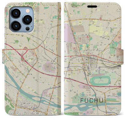 【府中（東京都）】地図柄iPhoneケース（手帳タイプ）ナチュラル・iPhone 13 Pro Max 用