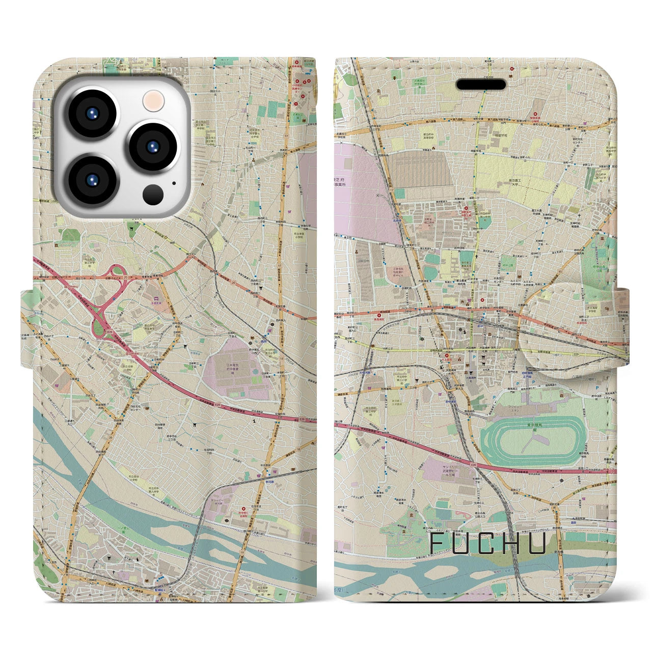 【府中】地図柄iPhoneケース（手帳両面タイプ・ナチュラル）iPhone 13 Pro 用
